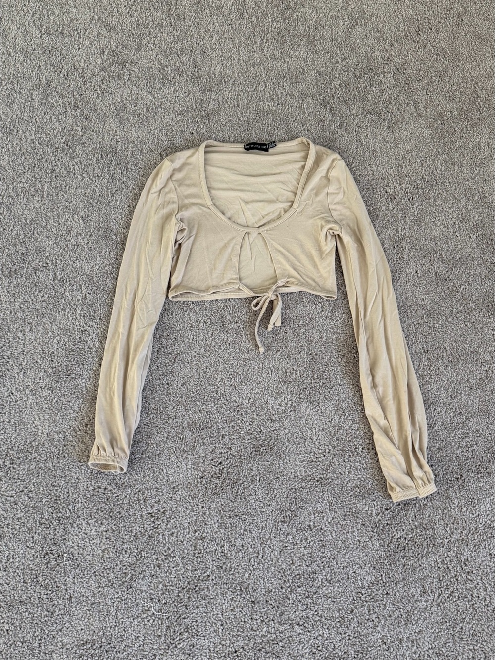PrettyLittleThing Beige Long Sleeve Drawstring Crop Top